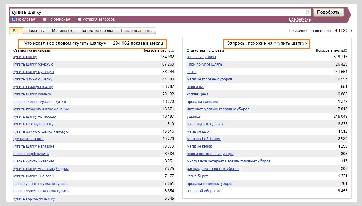 Вид списка высокочастотных и конкретных запросов в&nbsp;Wordstat